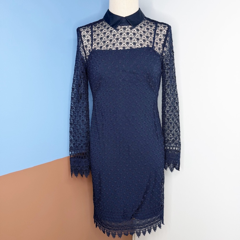 Lauren Ralph Lauren navy blue lace overlay dress collared neckline long sleeve 4